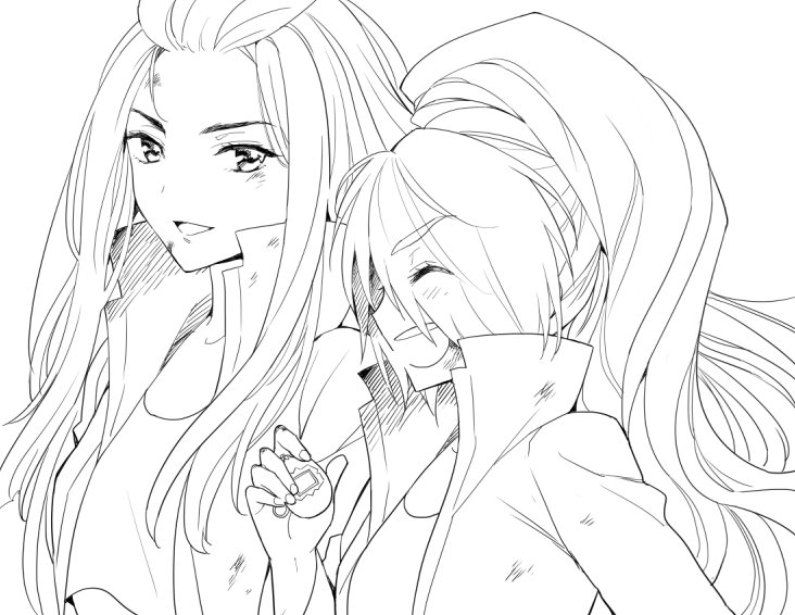 2girls, azuki_(aduki), closed_eyes, greyscale, high_collar, kirishima_reiko_(zombie_land_saga), long_hair, monochrome