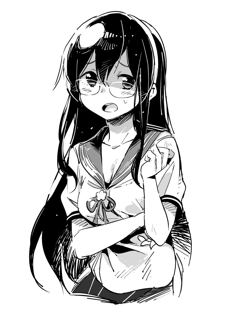 1girl, black_hair, breasts, cleavage, commentary_request, glasses, greyscale, hairband, kantai_collection, long_hair, monochrome, ooyodo_(kantai_collection), ribbon, school_uniform, semi-rimless_eyewear, serafuku, short_sleeves, under-rim_eyewear, watarai_keiji