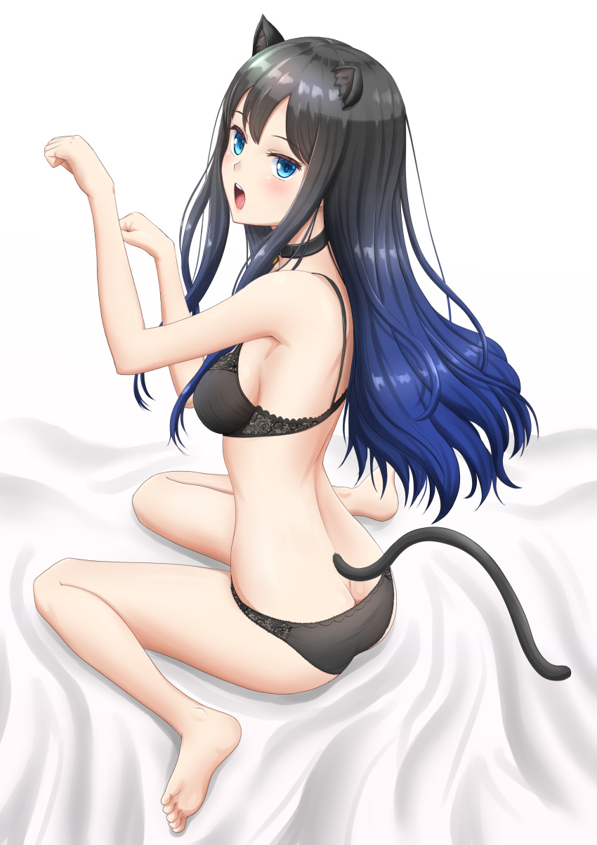 1girl, absurdres, animal_ears, ass, bangs, barefoot, bell, bell_choker