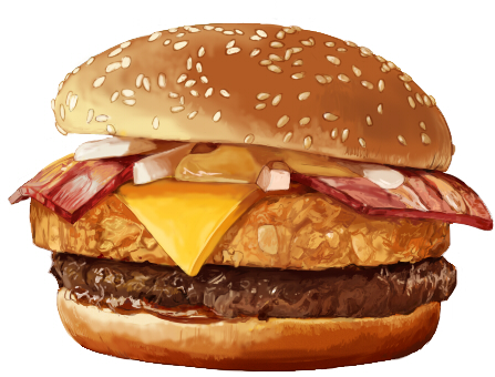 bacon, beef, cheese, commentary_request, food, hamburger, lowres, no_humans