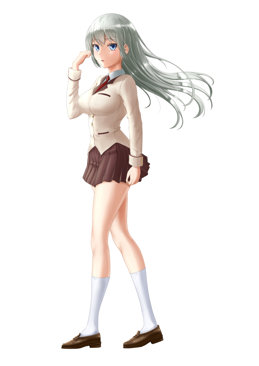 1girl, absurdres, bangs, black_footwear, black_skirt, blue_eyes, breasts, commentary