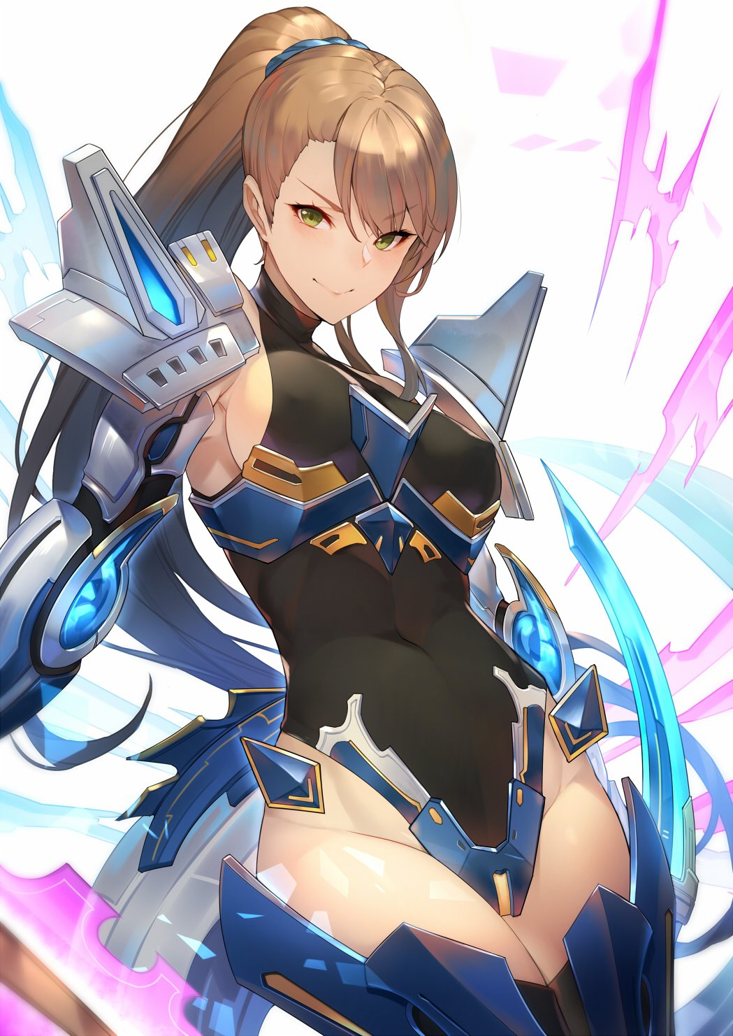 1girl, :>, armor, beatrix_(granblue_fantasy), breasts, brown_hair, covered_navel, covered_nipples, crotch_plate, erect_nipples, eyebrow_visible_through_hair, glowing, granblue_fantasy, green_eyes, groin, hair_between_eyes, hair_ornament, highres, kakage, large_breasts, leotard, long_hair, looking_at_viewer, ponytail, shoulder_armor, sideboob, sidelocks, smile, solo, thigh-highs, white_background