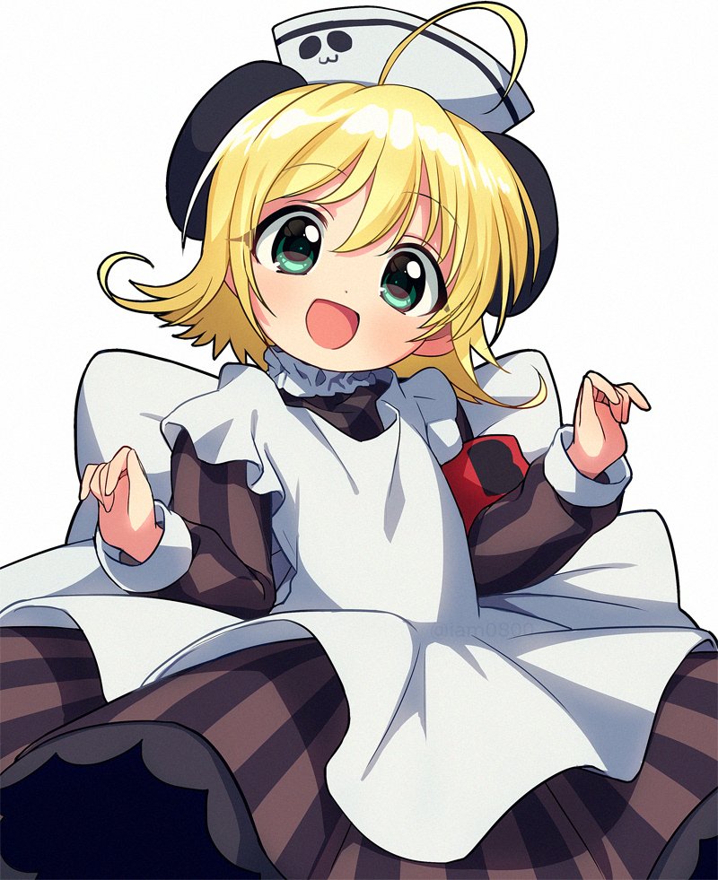 1girl, :d, ahoge, animal_ears, apron, aqua_eyes, armband, bangs