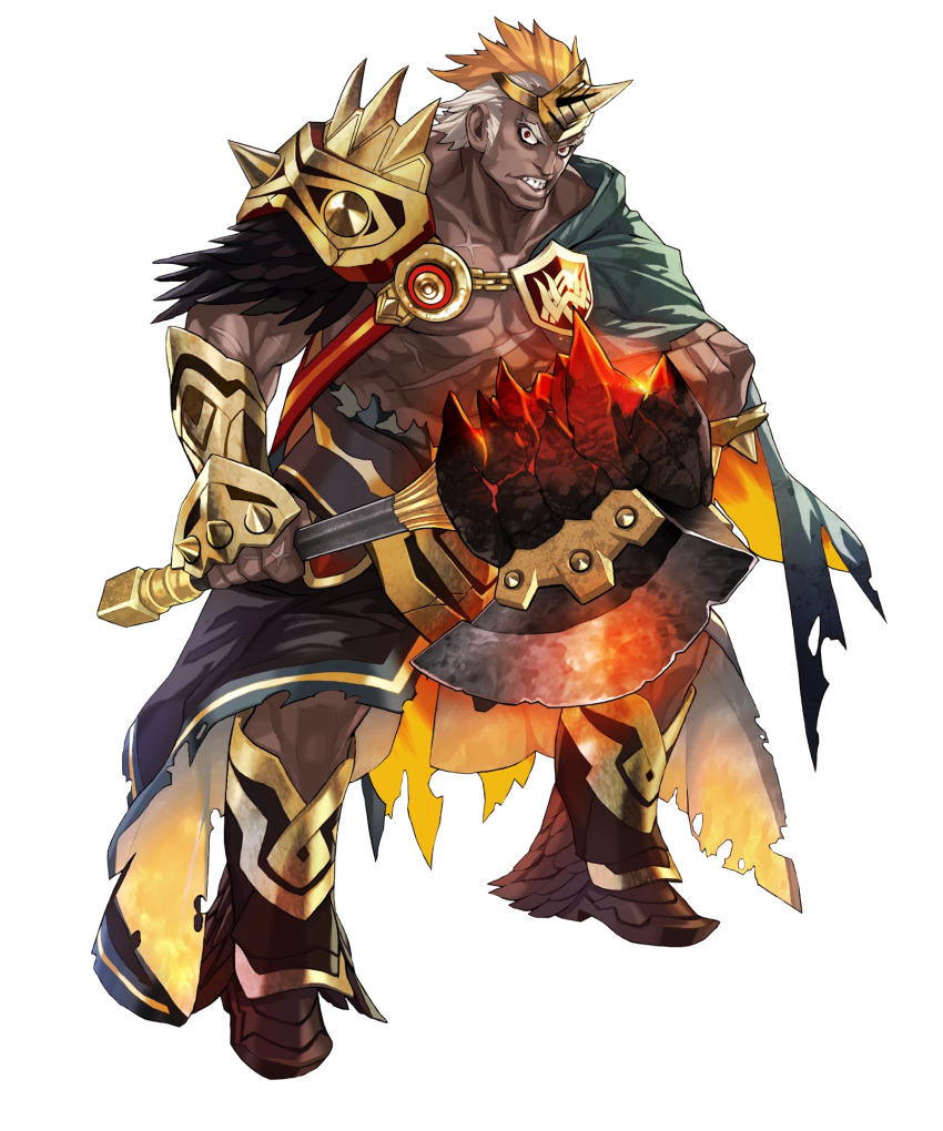 1boy, axe, blonde_hair, boots, cape, dark_skin, feathers, fire_emblem