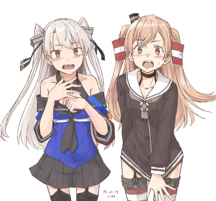 2girls, amatsukaze_(kantai_collection), amatsukaze_(kantai_collection)_(cosplay), artist_name, black_legwear, black_skirt, blue_shirt, breasts