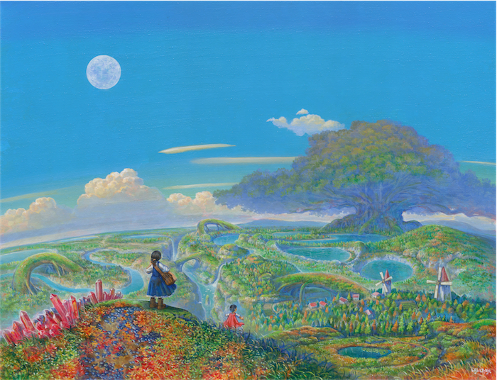 1boy, 1girl, acrylic_paint_(medium), bag, black_hair, blue_dress, blue_sky, bridge
