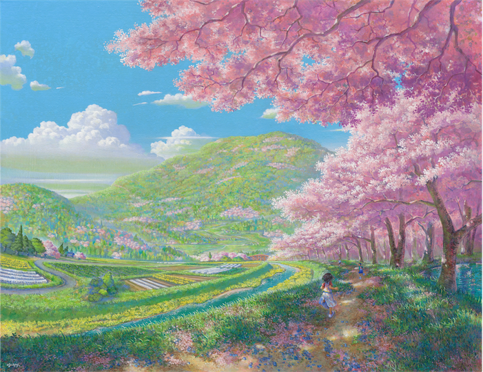 1boy, 1girl, acrylic_paint_(medium), black_hair, blue_shorts, blue_sky, cherry_blossoms, clouds, commentary_request, dappled_sunlight, day, dress, farm, fisheye, flower, forest, from_behind, mountain, mountainous_horizon, nature, original, outdoors, pond, road, running, scenery, shade, shiraishi_takashi, shorts, sky, stream, sunlight, traditional_media, tree, white_dress, white_footwear