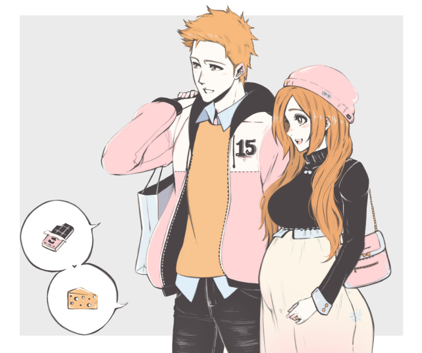 1boy, 1girl, black_pants, black_shirt, bleach, blue_background, blue_shirt, border
