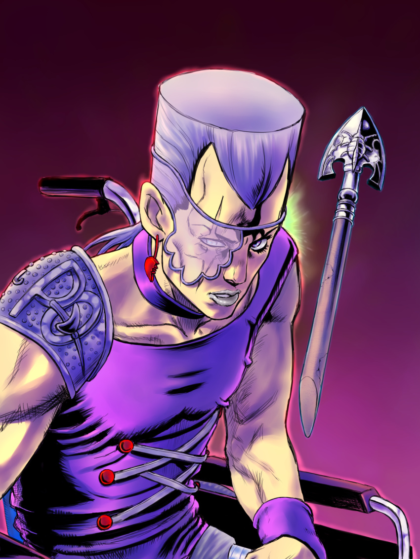 1boy, arrow, asymmetrical_clothes, choker, earrings, eyepatch, highres, jean_pierre_polnareff