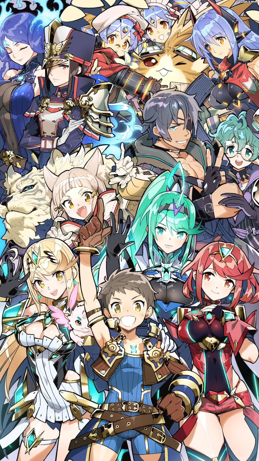 2boys, 6+girls, animal_ears, blonde_hair, blue_hair, breasts, brown_hair, byakko_(xenoblade)