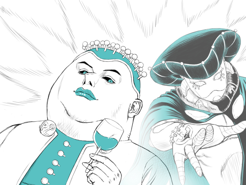 1boy, alcohol, aqua, aqua_lipstick, black_sabbath_(stand), black_sclera, crosshatching, cup