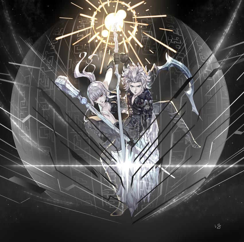 1boy, 1girl, absurdres, armor, bare_shoulders, black_gloves, blue_eyes, commentary