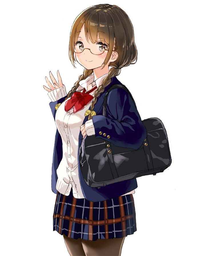 1girl, bag, bangs, blazer, blue_jacket, blue_skirt, blush, bow, bowtie, braid, breasts, brown-framed_eyewear, brown_eyes, brown_hair, brown_legwear, buttons, closed_mouth, collared_shirt, cowboy_shot, duffel_bag, eyebrows_visible_through_hair, glasses, hair_bow, hair_over_shoulder, hanae_haruka, hand_up, jacket, long_sleeves, looking_at_viewer, low_twintails, medium_breasts, miniskirt, open_clothes, open_jacket, original, pantyhose, plaid, plaid_skirt, red_neckwear, school_bag, school_uniform, semi-rimless_eyewear, shirt, sidelocks, simple_background, skirt, sleeves_past_wrists, smile, solo, standing, twin_braids, twintails, white_background, white_cardigan, white_shirt, wing_collar, yellow_bow