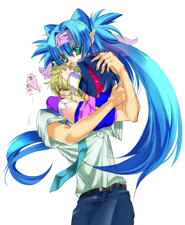 blue_eyes, blue_hair, blush, glasses, green_eyes, headband, hold, holding, kisou_nowora, klan_klein, long_hair, macross, macross_frontier, mikhail_buran, pointy_ears, twintails