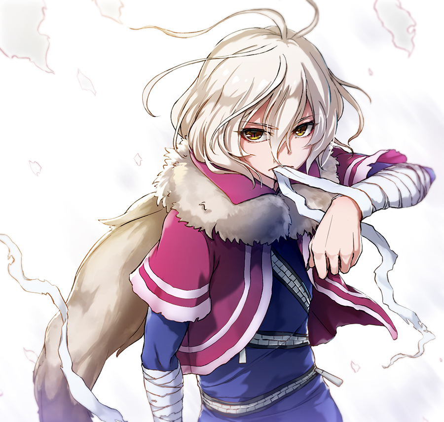 1boy, bandage, bandaged_arm, bandages, bangs, bicine_(precure), biting, biting_clothes
