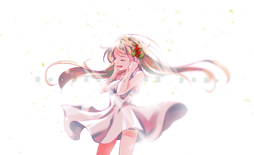 1girl, bare_shoulders, blonde_hair, closed_eyes, dress, elf, hair_ornament, long_hair