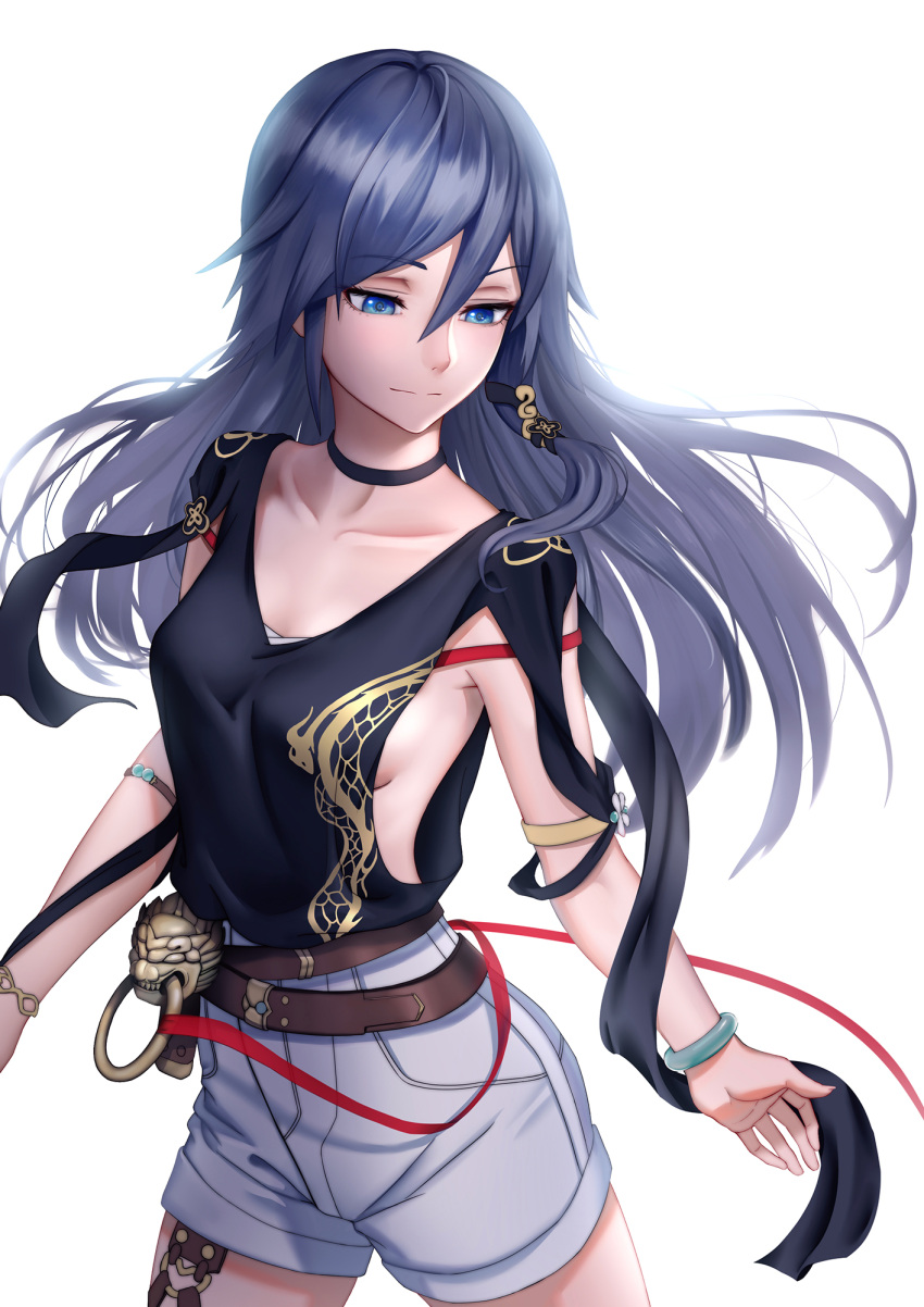 1girl, bangle, bangs, belt, black_shirt, blue_eyes, blue_hair, blush