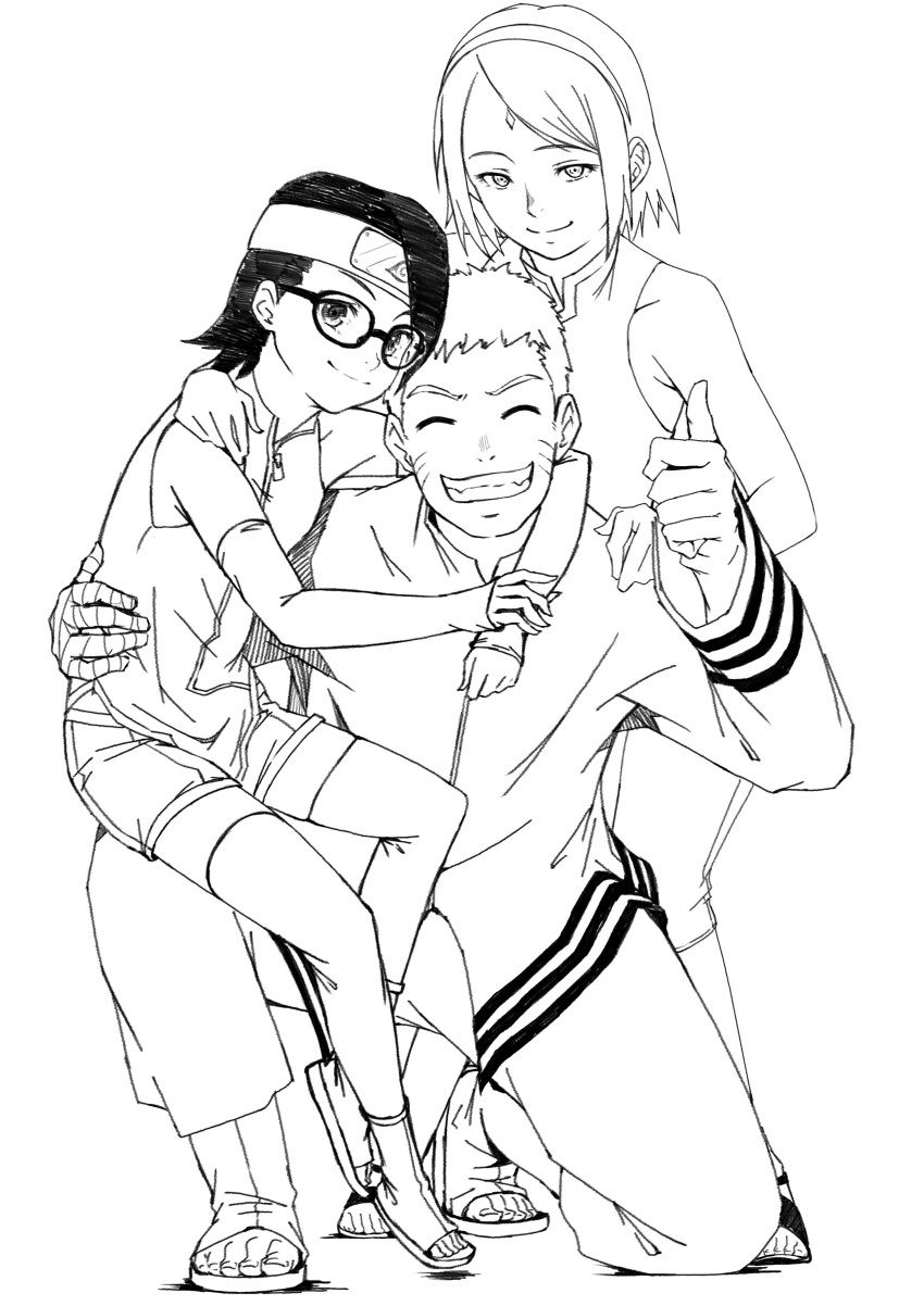 1boy, 2girls, absurdres, arad_baranga, armpit_crease, arms_around_neck, bandage, bandaged_hands