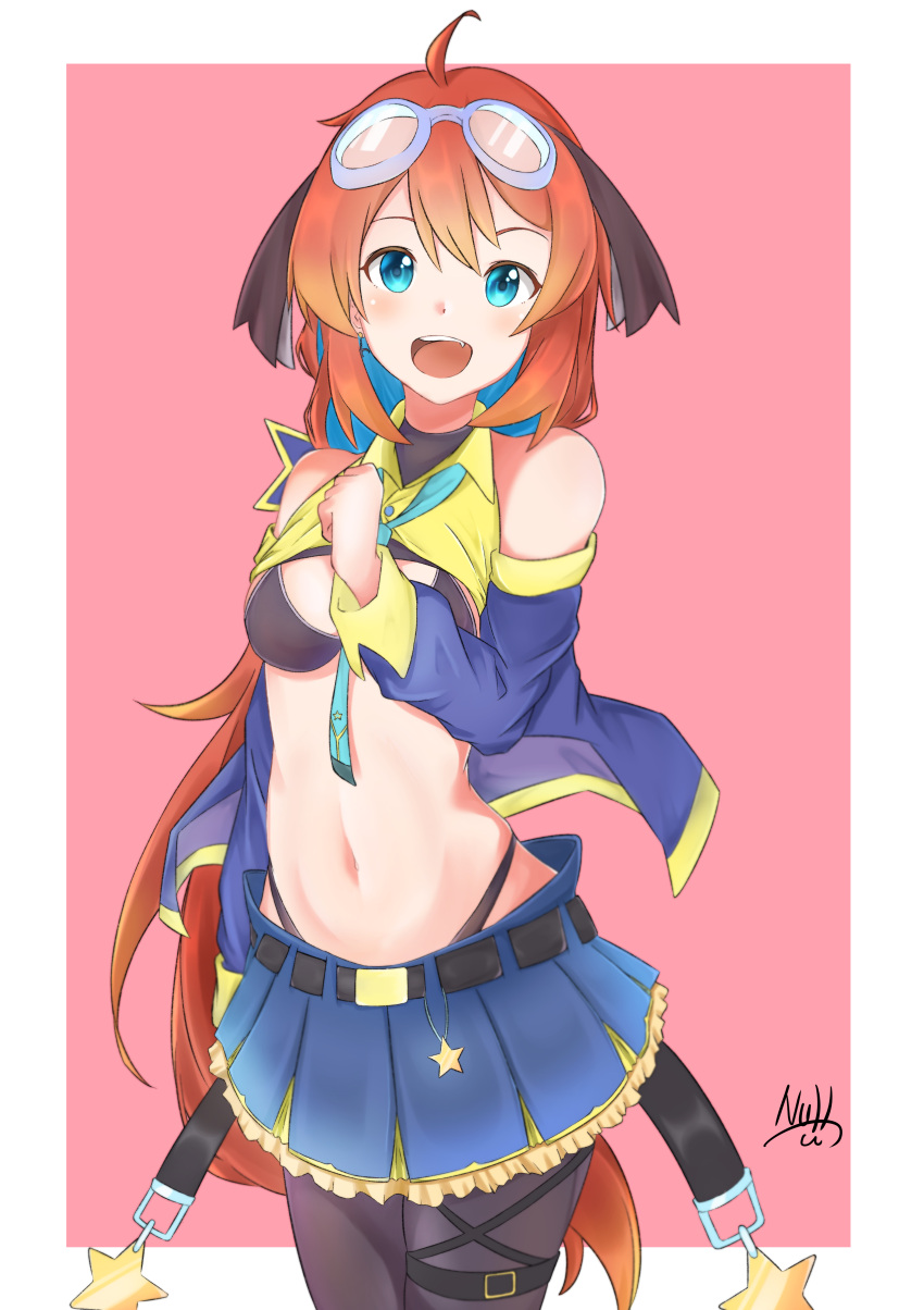 1girl, :d, absurdres, ahoge, aqua_neckwear, artist_name, bangs, bare_shoulders