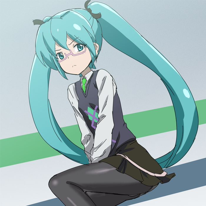 1girl, aqua_eyes, aqua_hair, black_legwear, black_skirt, frown, glasses, hatsune_miku_(shinkalion)