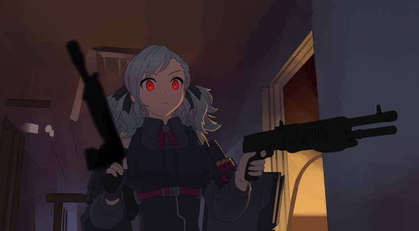 1girl, bare_shoulders, black_ribbon, commentary_request, fingerless_gloves, girls_frontline, gloves, green_hair