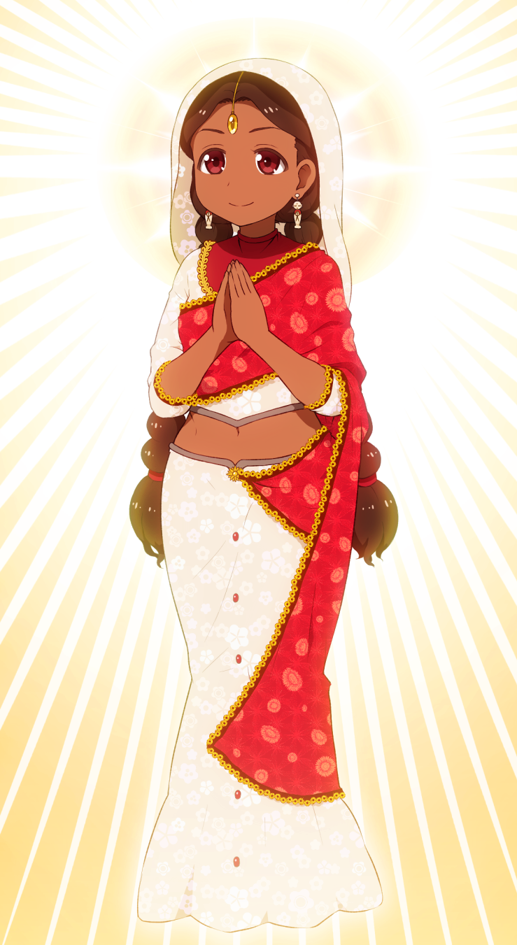 1girl, alternate_costume, braid, brown_hair, commentary_request, crop_top, dark_skin, earrings
