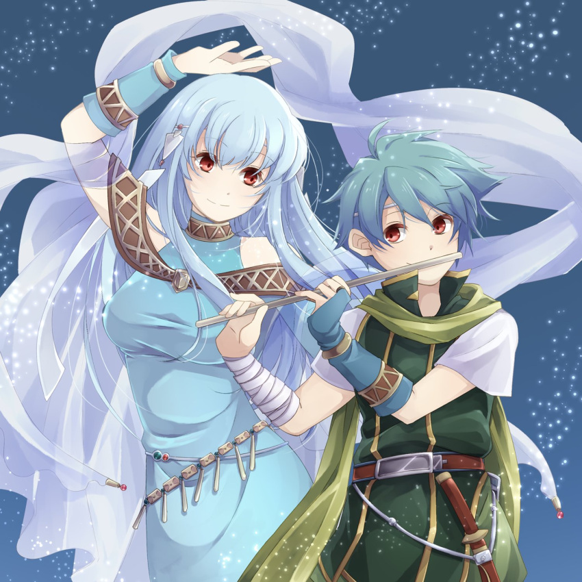 1boy, 1girl, aqua_hair, blue_hair, cape, circlet, dress, fire_emblem