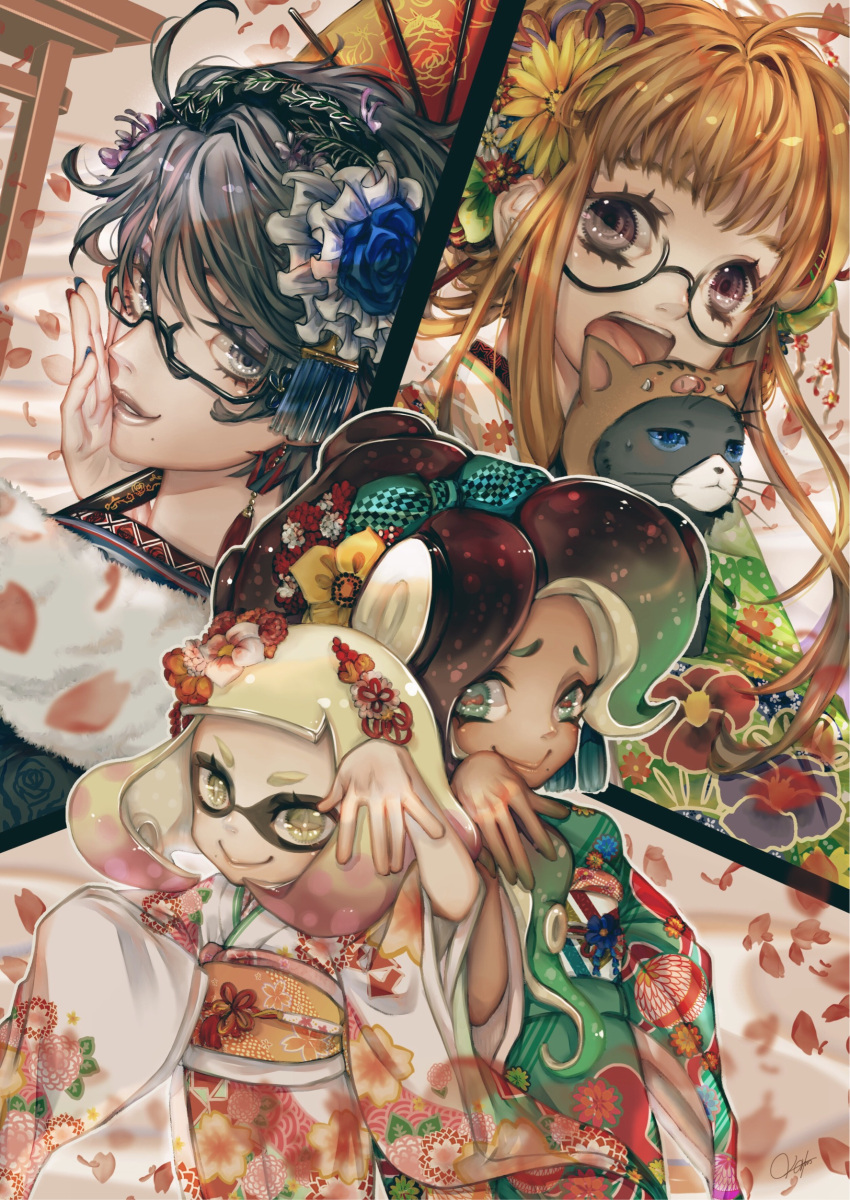 2019, 4girls, absurdres, animal_ears, atlus, bayonetta, bayonetta_(character), bayonetta_2, black_hair, blush, boar, cat, dark_skin, domino_mask, dress, flower, glasses, gloves, green_hair, hair_ornament, hair_ribbon, highres, japanese_clothes, jewelry, kimono, long_hair, looking_at_viewer, marina_(splatoon), mask, megami_tensei, mole, morgana_(persona_5), navel_piercing, new_year, nintendo, nintendo_ead, octarian, open_mouth, orange_hair, original, pearl_(splatoon), persona, persona_5, piercing, pig_hood, pink_hair, pink_pupils, platinum_games_inc., ribbon, sakura_futaba, sega, short_hair, smile, splatoon_(series), splatoon_2, suction_cups, super_smash_bros., super_smash_bros._ultimate, super_smash_bros_brawl, susa_natsuo, white_hair, zipper