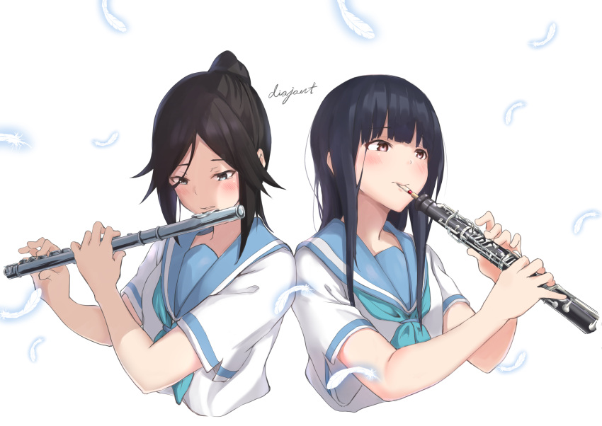 2girls, bangs, black_hair, blue_eyes, blue_neckwear, blue_sailor_collar, blush, dark_blue_hair