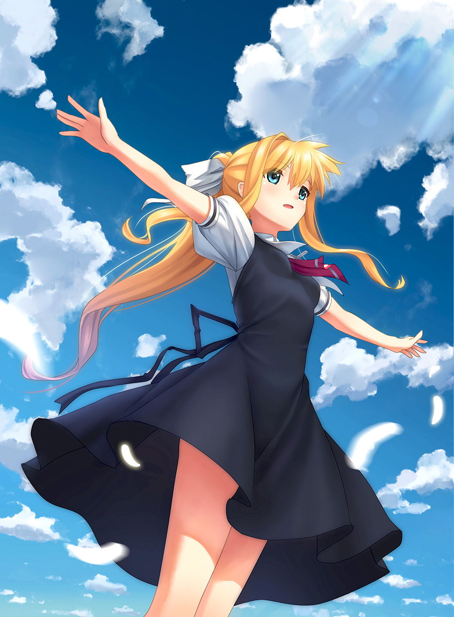 1girl, air, ascot, black_dress, black_ribbon, blonde_hair, blue_eyes, blue_sky
