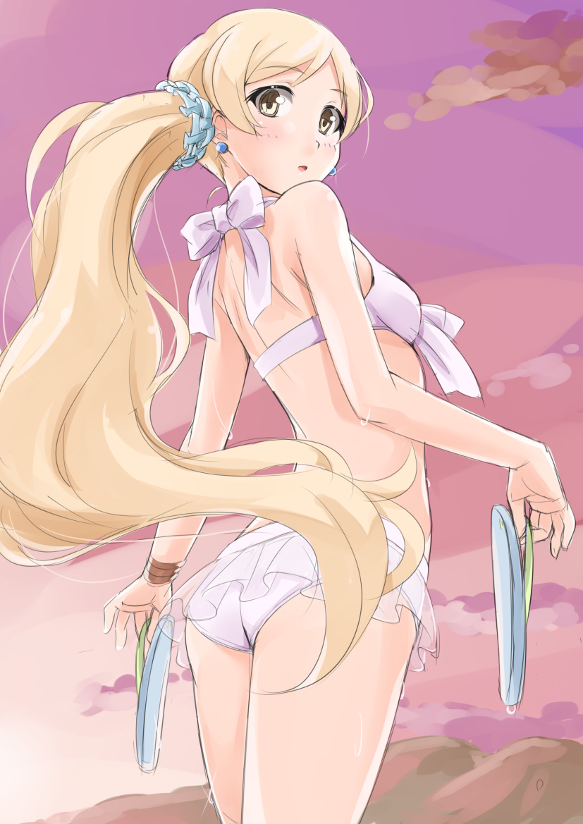 1girl, ass, bangs, bikini, bikini_skirt, blonde_hair, blue_scrunchie, breasts