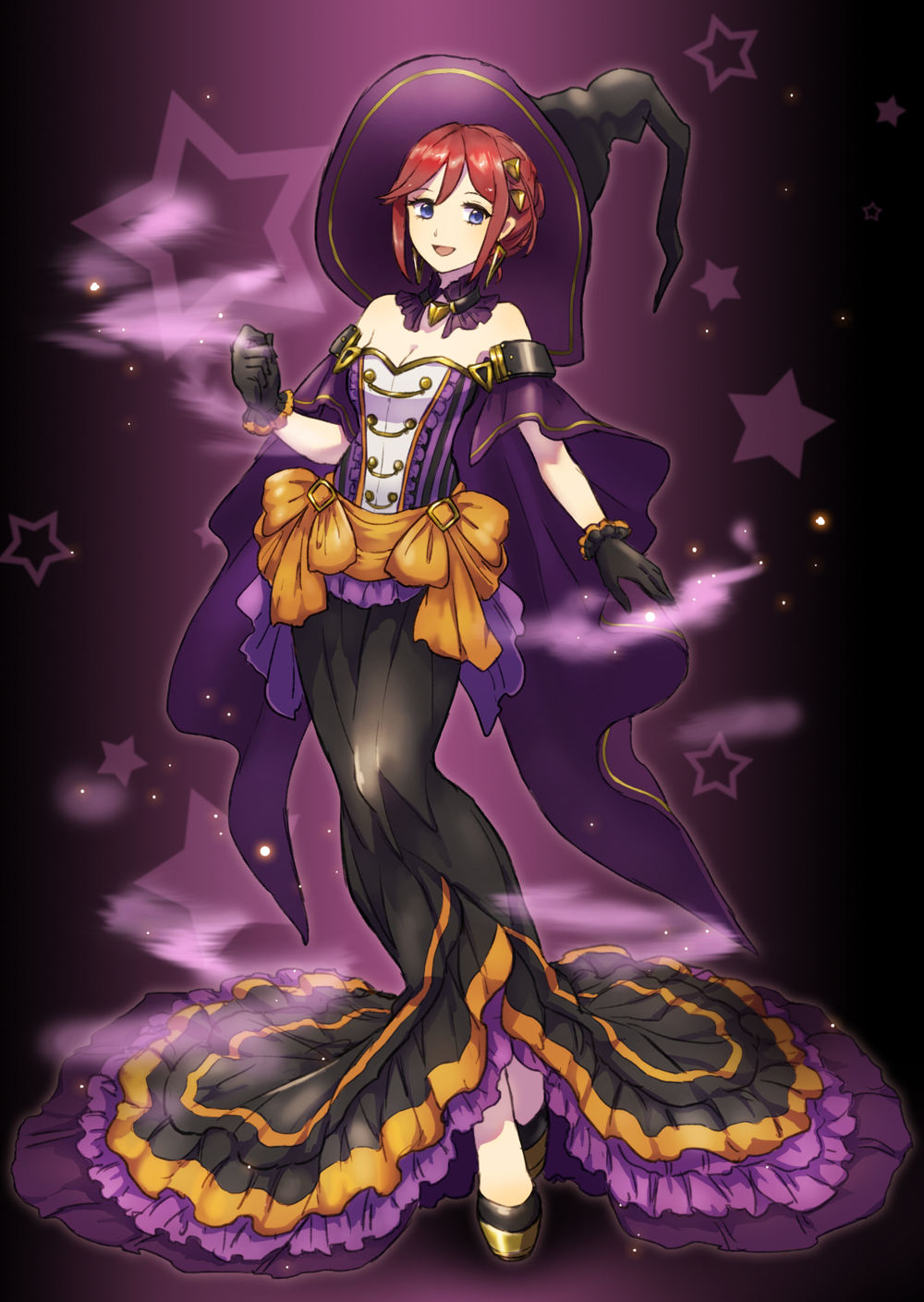 1girl, :d, azu_deltachan, black_gloves, black_hat, black_skirt, blue_eyes, breasts, cape, choker, cleavage, full_body, gloves, hair_ornament, halloween_costume, hat, highres, kaname_buccaneer, long_skirt, looking_at_viewer, macross, macross_delta, open_mouth, purple_cape, redhead, short_hair, sidelocks, skirt, smile, solo, standing, star, strapless, witch, witch_hat