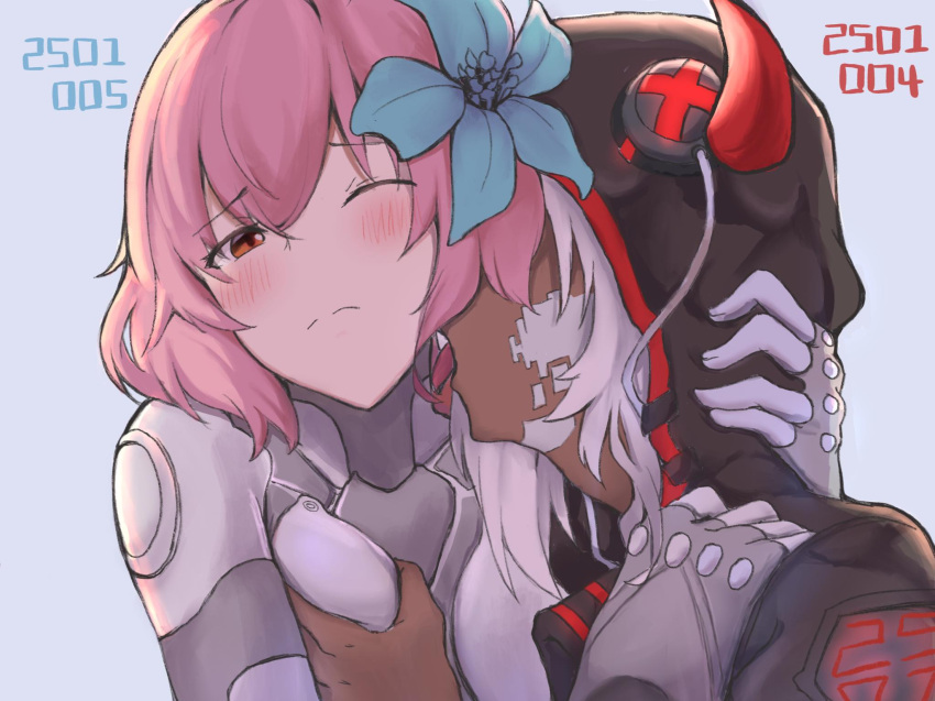 2girls, bangs, blush, breast_grab, breasts, brown_eyes, character_request, commentary_request, cytus, eyebrows_visible_through_hair, flower, grabbing, hair_between_eyes, hair_flower, hair_ornament, hand_on_another's_chest, hand_on_another's_head, hand_on_another's_shoulder, highres, hood, hood_up, hooded_jacket, hoodie, ivy_(cytus), jacket, ky_(ky990533), licking, multiple_girls, one_eye_closed, open_mouth, pink_hair, short_hair, simple_background, tongue, tongue_out, vanessa_(cytus), white_hair, yuri