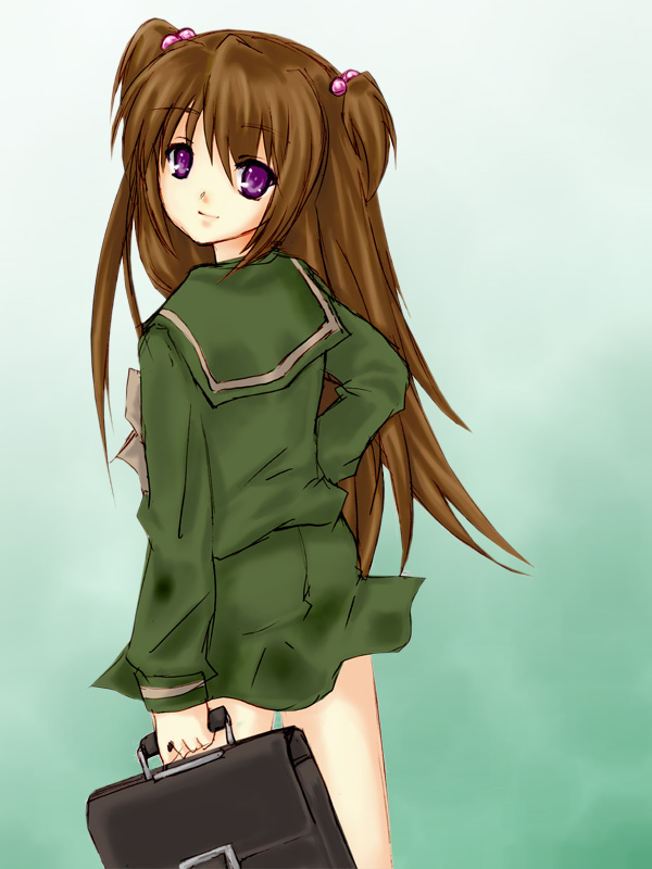 brown_eyes, brown_hair, hirai_yukari, looking_back, piku, purple_eyes, school_bag, school_uniform