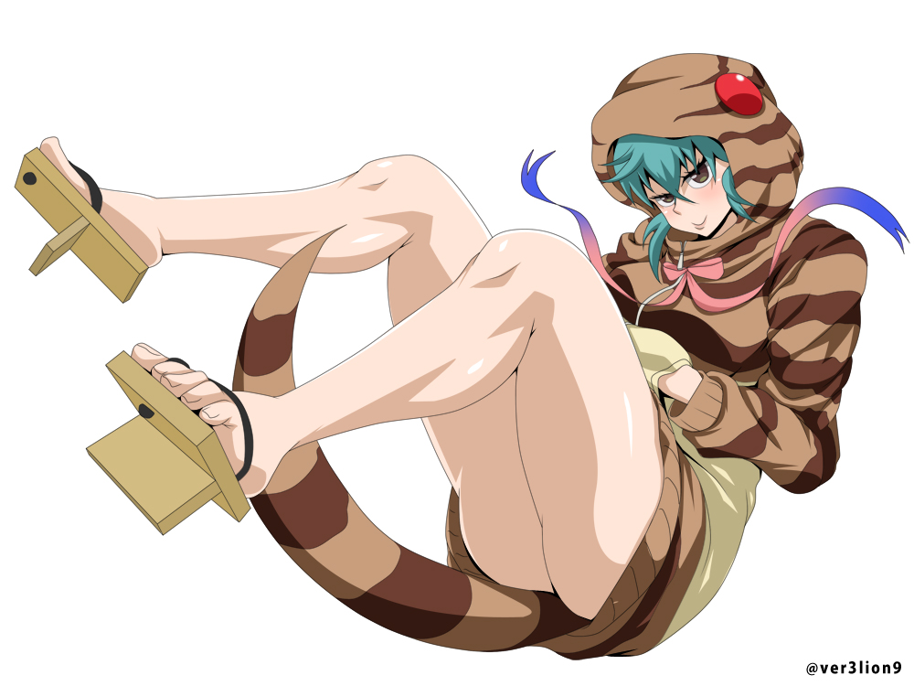 1girl, aqua_hair, geta, hood, hoodie, kemono_friends, neck_ribbon, ribbon