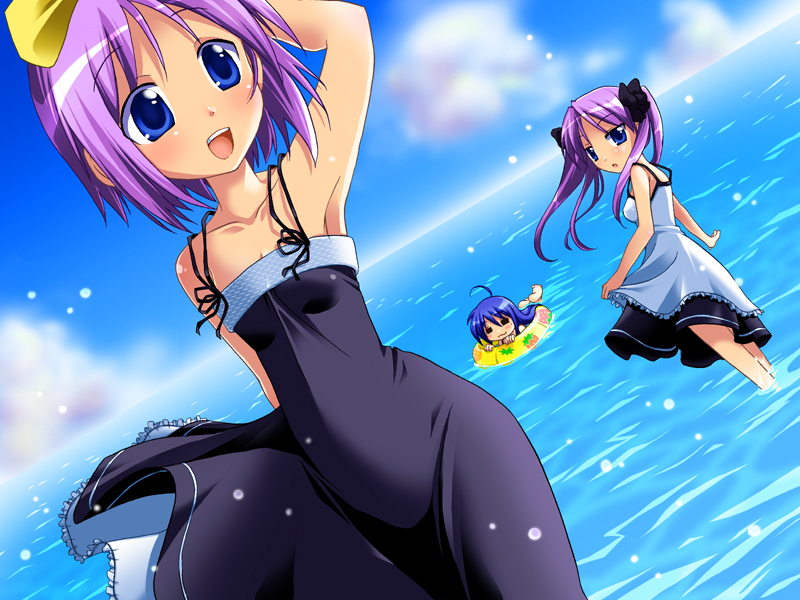 800x600, blue_eyes, dress, dutch_angle, hiiragi_kagami, hiiragi_tsukasa, innertube, izumi_konata, lucky_star, mai_(artist), mai_(maittingu), purple_hair, siblings, sisters, twins, wading, wallpaper, water
