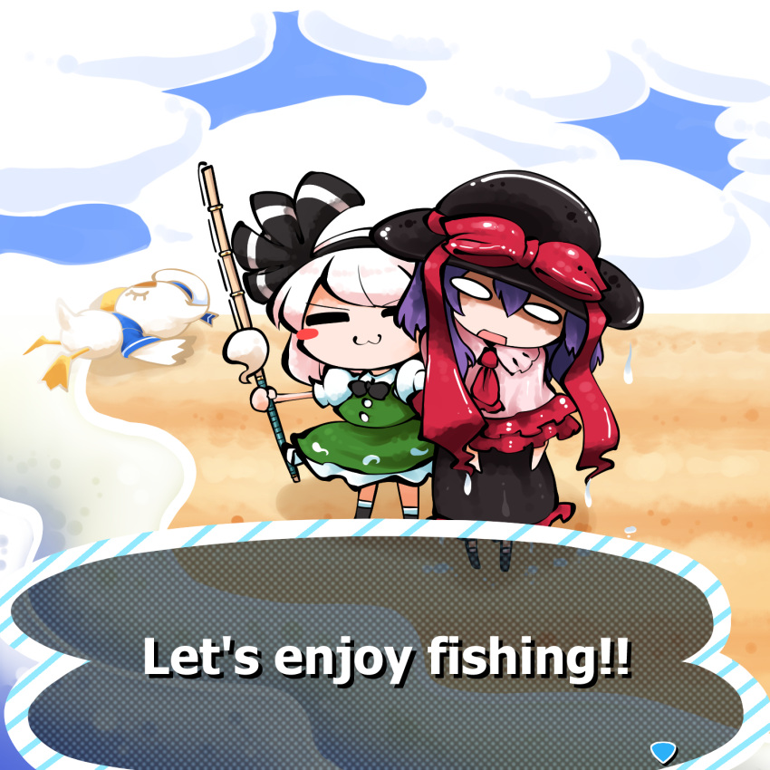 2girls, :3, =_=, beach, bird, blank_eyes, blush_stickers, bow, doubutsu_no_mori, dress, english_text, fishing_rod, frills, hairband, hat, hat_bow, highres, johnny_(doubutsu_no_mori), kashuu_(b-q), konpaku_youmu, multiple_girls, nagae_iku, nintendo, purple_hair, short_hair, touhou, wet, white_hair