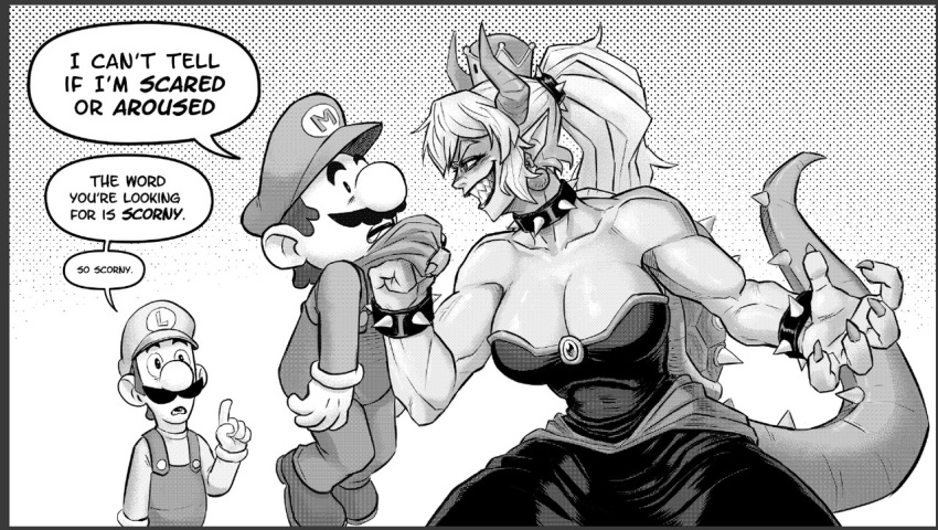 1girl, 1koma, 2boys, arm_at_side, bare_arms, bare_shoulders, bowsette, bracelet, breasts, brothers, cleavage, collar, collar_grab, collarbone, comic, commentary, crown, dress, earrings, english_commentary, english_text, evil_grin, evil_smile, facial_hair, fingernails, gloves, greyscale, grin, hand_up, hat, height_difference, high_ponytail, horns, index_finger_raised, jewelry, large_breasts, lifting_person, long_hair, long_sleeves, looking_at_another, luigi, mario, super_mario_bros., mcnostril, monochrome, multiple_boys, muscle, muscular_female, mustache, new_super_mario_bros._u_deluxe, nintendo, open_mouth, overalls, pointy_ears, ponytail, sharp_fingernails, sharp_teeth, shoes, siblings, sidelocks, smile, speech_bubble, spiked_bracelet, spiked_collar, spiked_shell, spiked_tail, spikes, strapless, strapless_dress, super_crown, sweater, tail, teeth, turtle_shell, upper_body, v-shaped_eyebrows