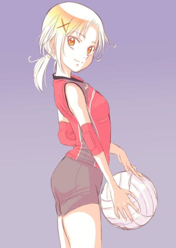 1girl, ball, black_shorts, brown_eyes, commentary, cowboy_shot, elbow_pads, english_commentary, from_side, gradient, gradient_background, gym_shirt, gym_shorts, hair_ornament, hino_akane_(smile_precure!), holding, holding_ball, jj_(ssspulse), looking_at_viewer, looking_to_the_side, medium_hair, partially_colored, ponytail, precure, purple_background, shaded_face, shirt, short_ponytail, short_shorts, shorts, simple_background, sleeveless, sleeveless_shirt, smile, smile_precure!, solo, sportswear, uniform, volleyball, volleyball_uniform, x_hair_ornament