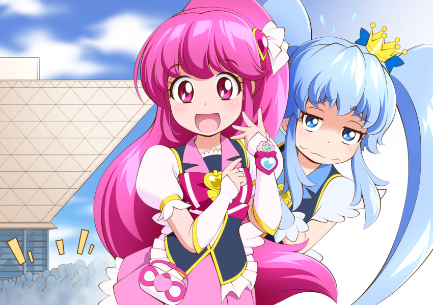 2girls, :d, aino_megumi, black_vest, blue_bow, blue_eyes, blue_hair, bow