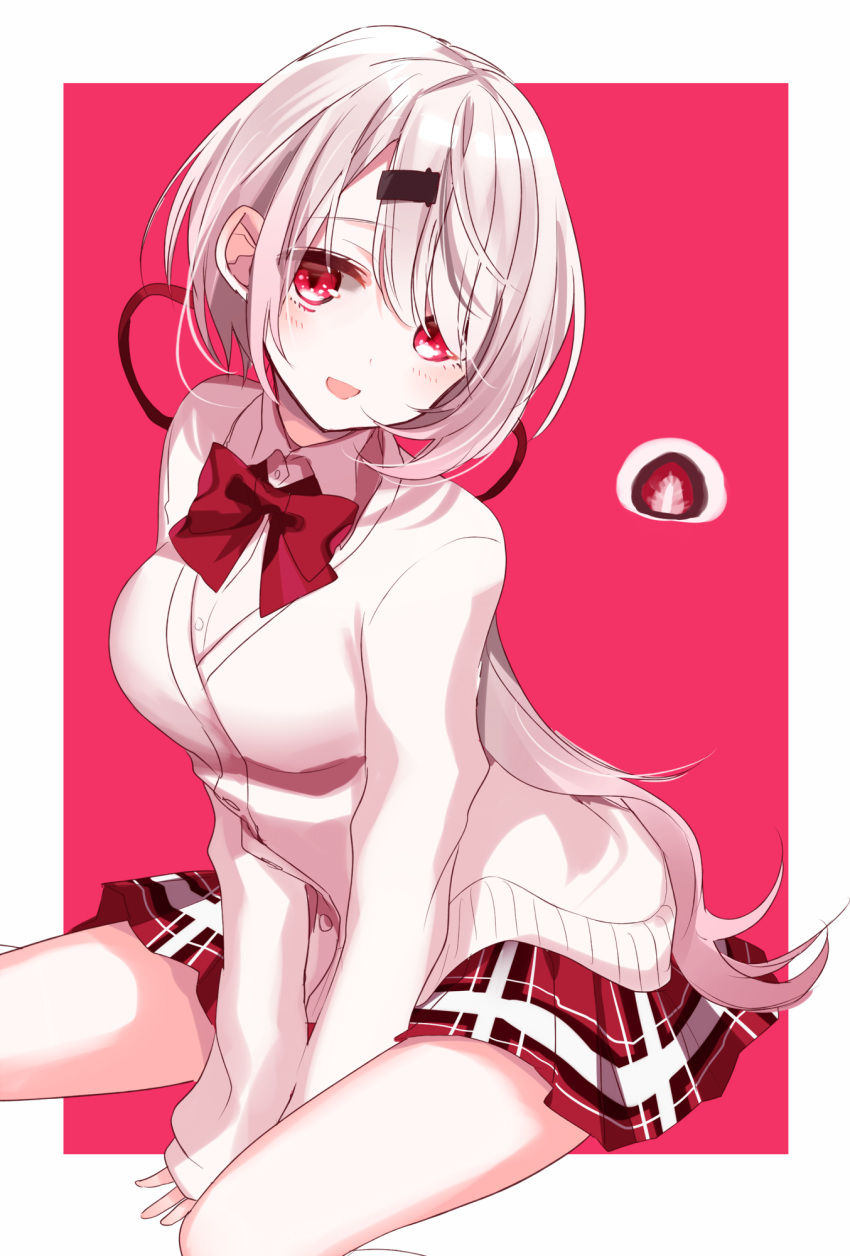 1girl, bangs, blush, bow, bowtie, breasts, cardigan, food, hair_between_eyes, hair_ornament, hair_ribbon, hairclip, highres, ichigo_daifuku, long_hair, looking_at_viewer, medium_breasts, miniskirt, misumi_(macaroni), nijisanji, open_mouth, plaid, plaid_skirt, red_background, red_eyes, ribbon, shiina_yuika, silver_hair, simple_background, sitting, skirt, smile, solo, tied_hair, very_long_hair, virtual_youtuber, wagashi
