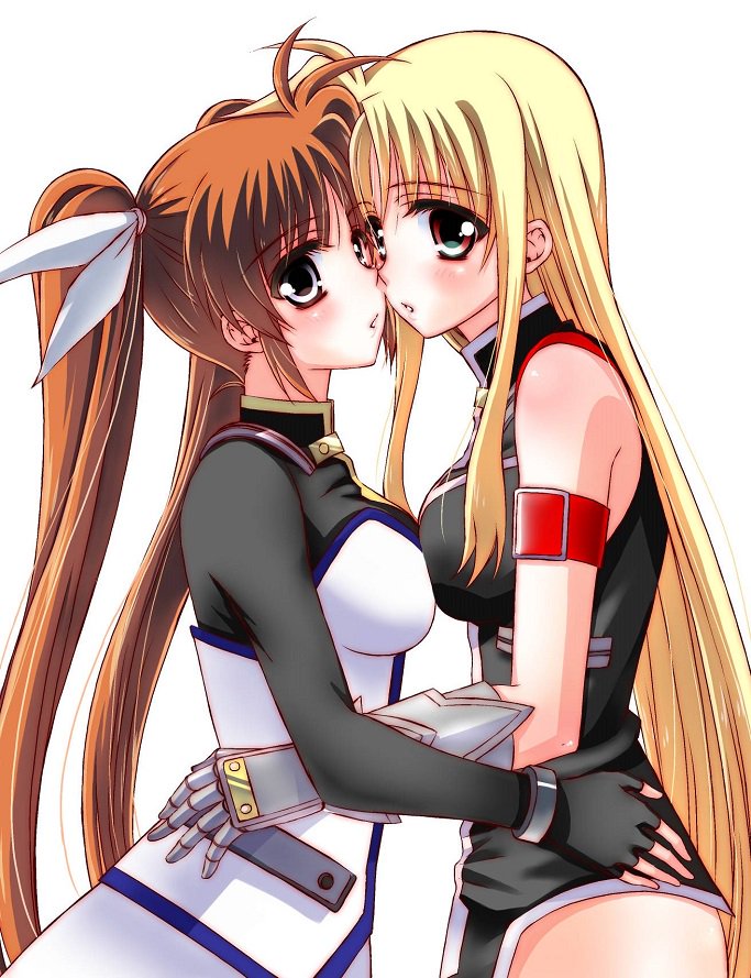 2girls, arm_strap, bangs, black_ribbon, black_shirt, blue_eyes, breast_press, brown_hair