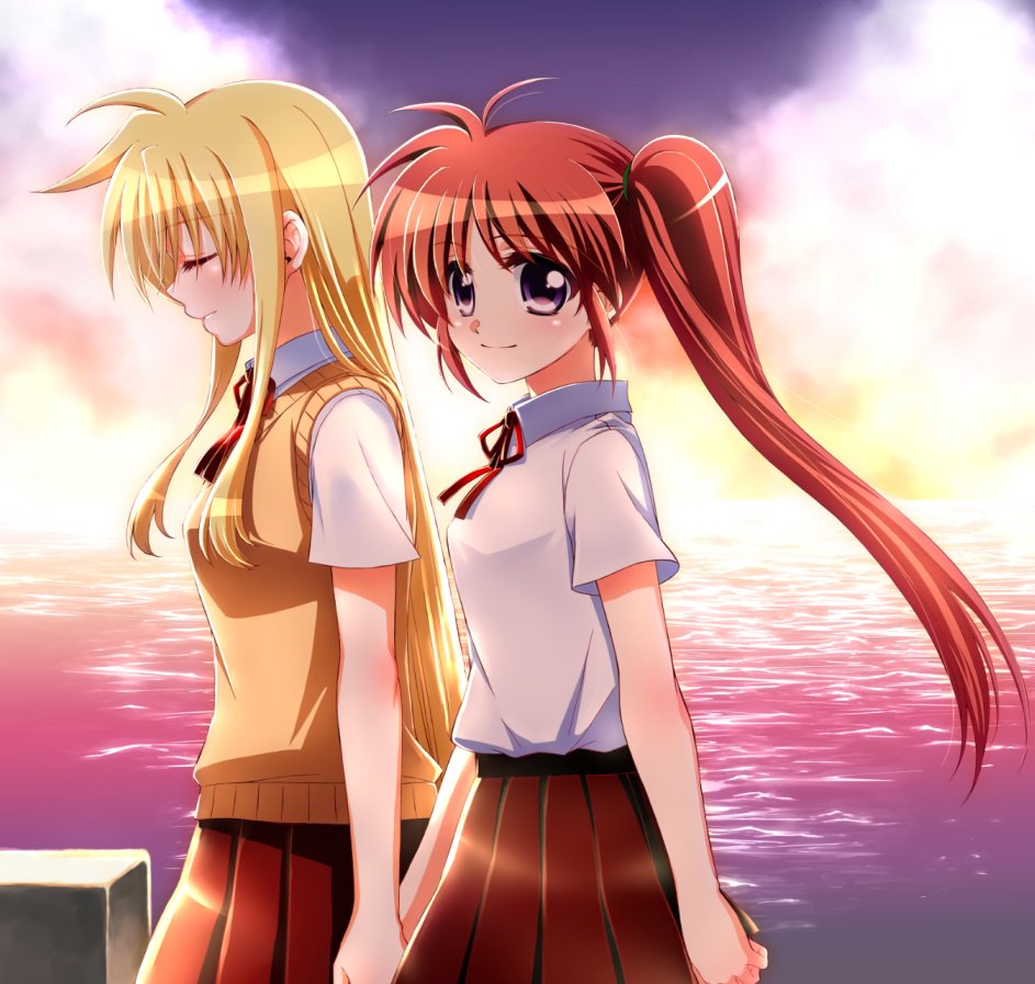 2girls, backlighting, bangs, black_skirt, blonde_hair, blue_eyes, blue_sky, brown_hair