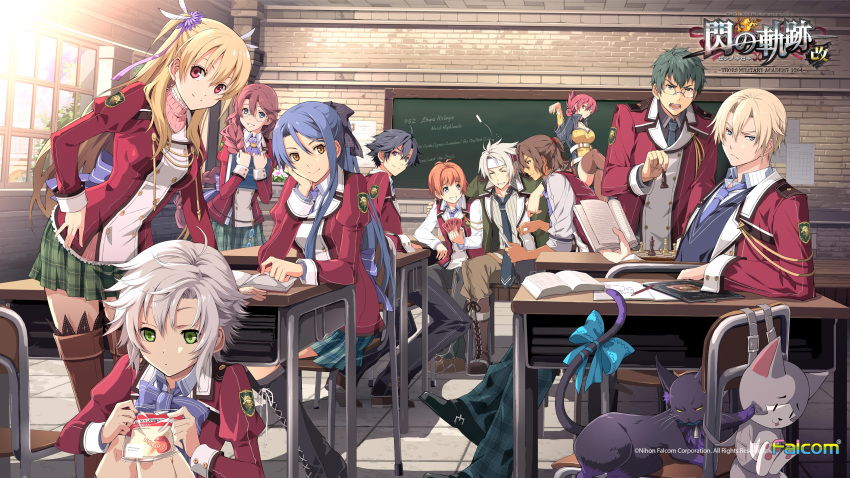 5girls, 6+boys, absurdres, ahoge, alisa_reinford, arm_around_shoulder, bag, bell