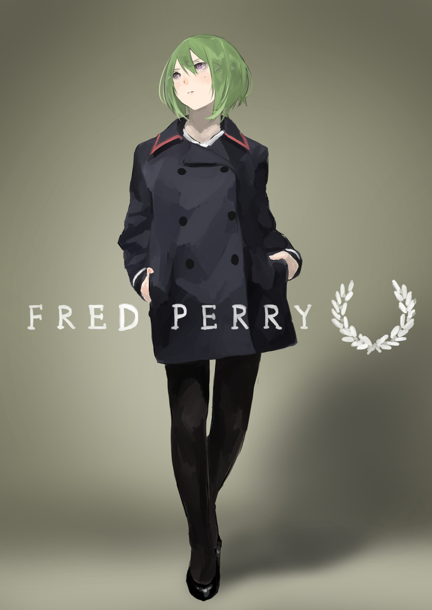 1girl, absurdres, bob_cut, buttons, closed_mouth, coat, double-breasted, english_text, fashion, fred_perry_(brand), full_body, green_hair, hair_between_eyes, hands_in_pockets, highres, looking_away, midorikawa_yuhata, mole, pantyhose, shoes, short_hair, sidonia_no_kishi, simple_background, solo, standing, violet_eyes