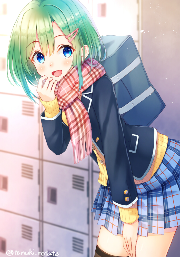 :d, backpack, bag, blazer, blue_eyes, blue_skirt, green_hair, hair_ornament