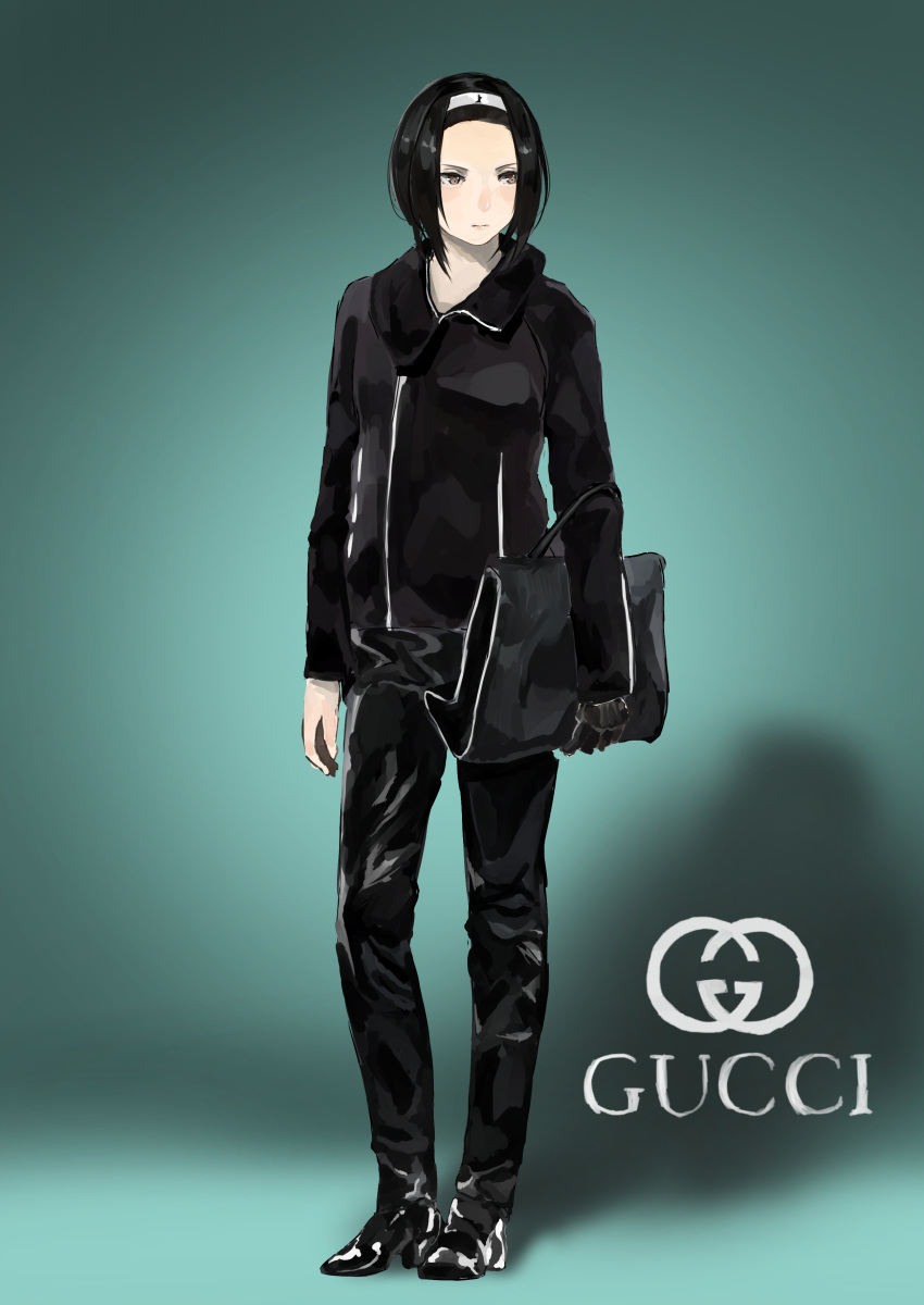 1girl, absurdres, biomega, black_coat, black_hair, black_pants, brown_eyes, closed_mouth