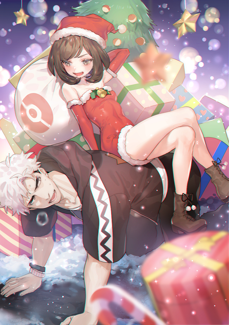 1boy, 1girl, :d, arm_up, bare_shoulders, bell, blurry_foreground, boots