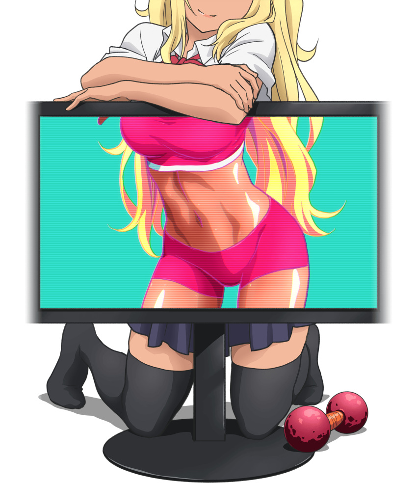 1girl, absurdres, black_legwear, blonde_hair, danberu_nan_kiro_moteru?, dark_skin, dumbbell, gym_shorts