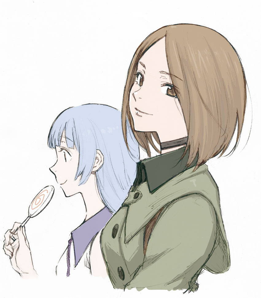 2girls, bangs, blue_hair, blunt_bangs, brown_eyes, brown_hair, candy, choker